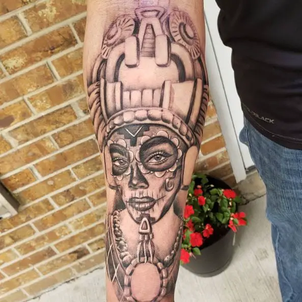 Grey Shaded Mayan Queen Arm Sleeve Tattoo
