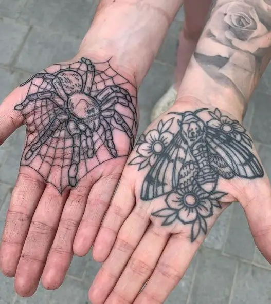 Tarantula and Moth on each Palms Tattoo