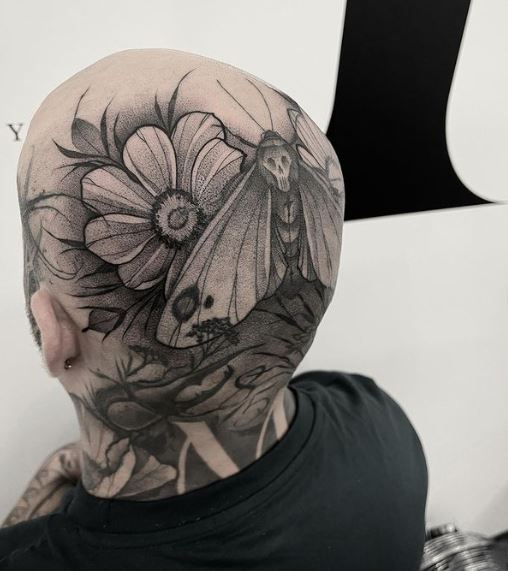 Grey Flowers and Moth Back Head Tattoo