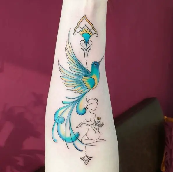 Forearm Hummingbird and Woman Tattoo