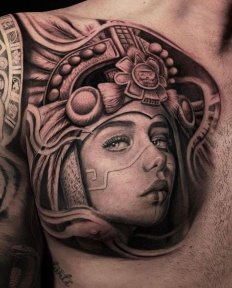 Realistic Black and Grey Mayan Queen Chest Tattoo