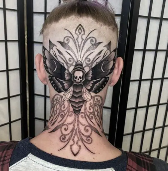 Black Skull Moth Back Head to Neck Tattoo