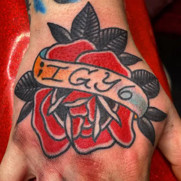 Rose and Semi Colon IGY6 Hand Tattoo