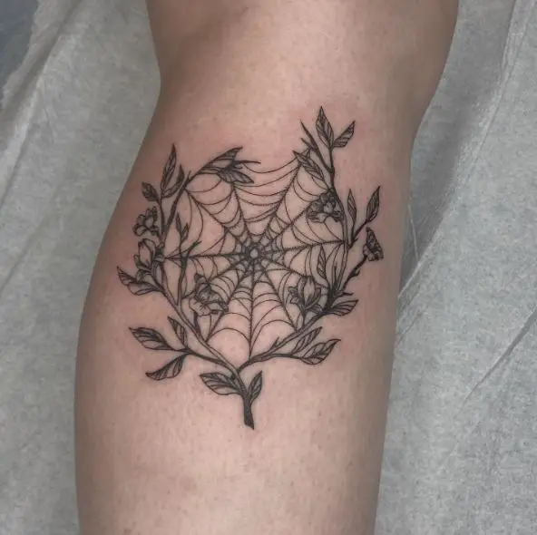 Branches with Leaves and Spider Web Tattoo