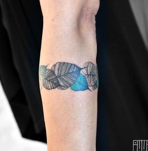 Colored Bodhi Leaf Forearm Band Tattoo