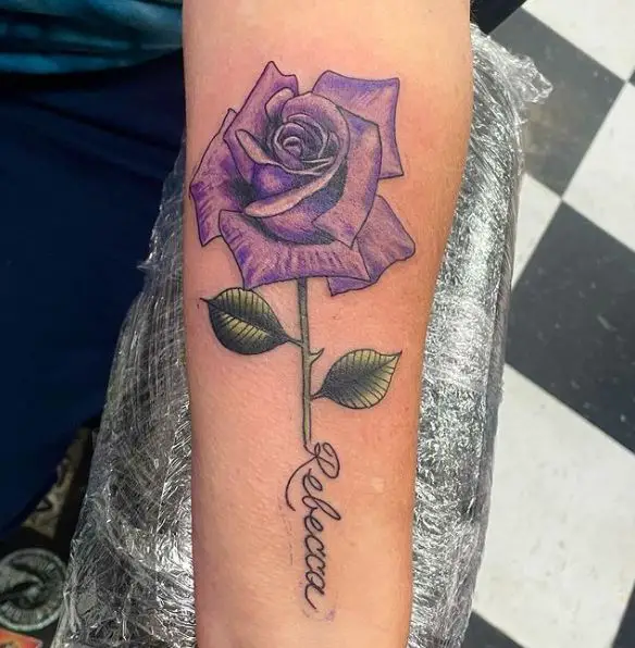 Purple Realistic Rose and Name Forearm Tattoo