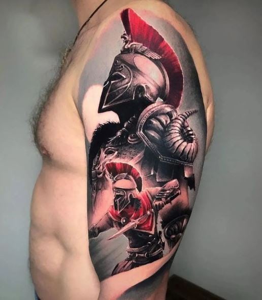 Colorful Spartan Warriors Fighting in Battle Arm Tattoo