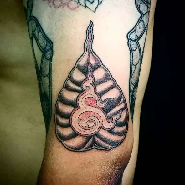 Black and Red Bodhi Leaf Elbow Tattoo