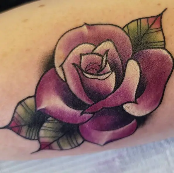 Purple Rose with Green Leaves Tattoo