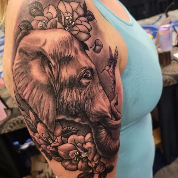 Big Elephant and Hummingbird Tattoo