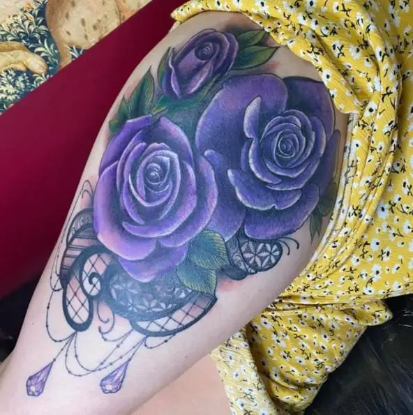 Purple Roses with green Leaves Tattoo