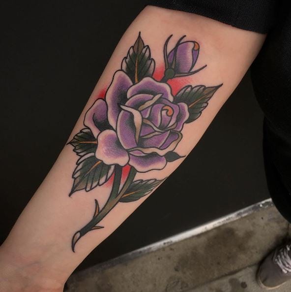 Big Blooming Purple Rose Forearm Tattoo