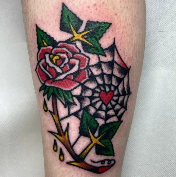Colored Rose and Spider Web Tattoo