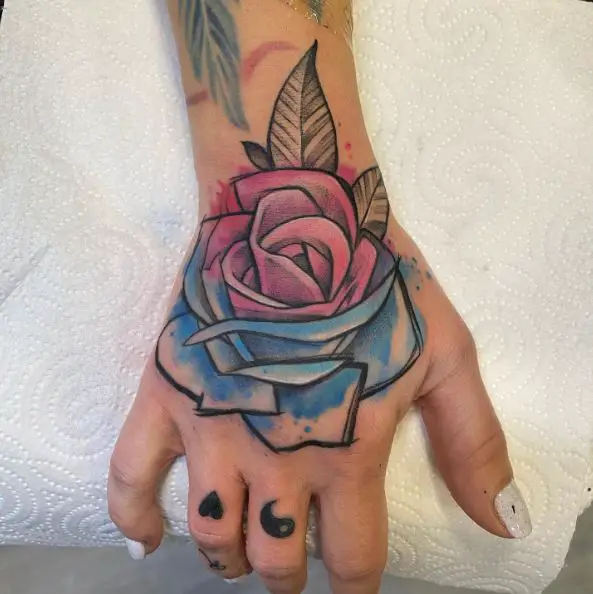 Blue & Pink Rose Hand Tattoo