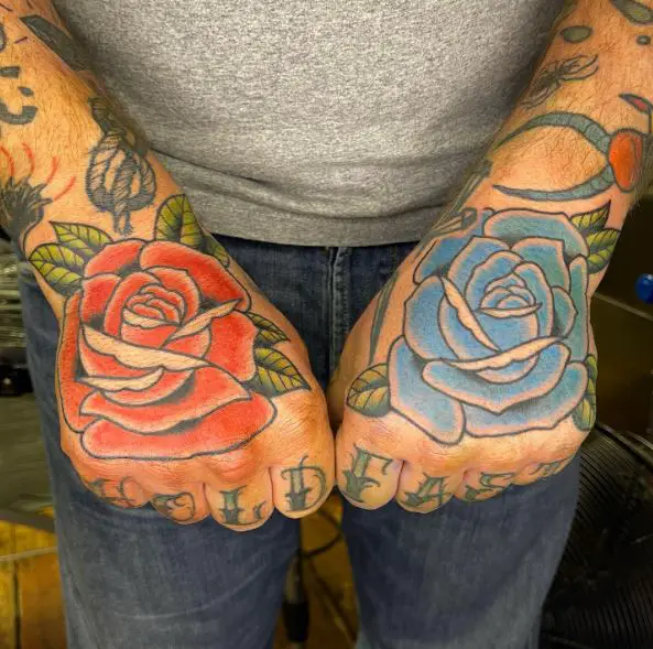 Matching Blue and Red Roses both Hands Tattoo