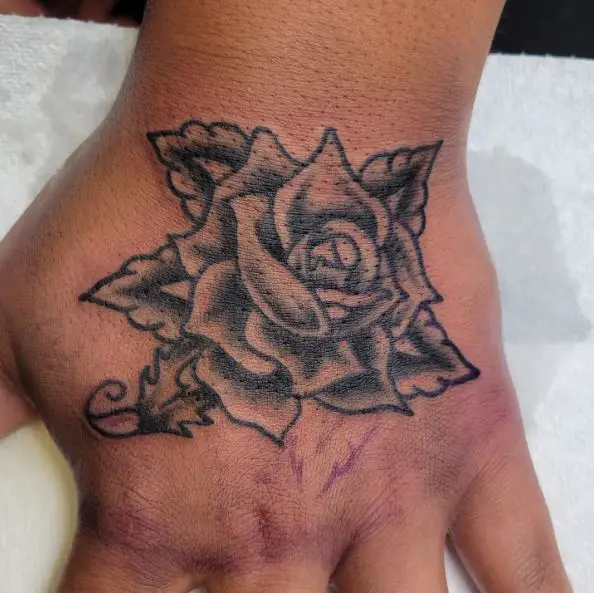 Grey Rose Flower Hand Tattoo