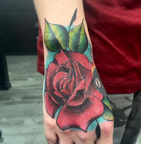 Red Rose & 8 Ball Hand Tattoo