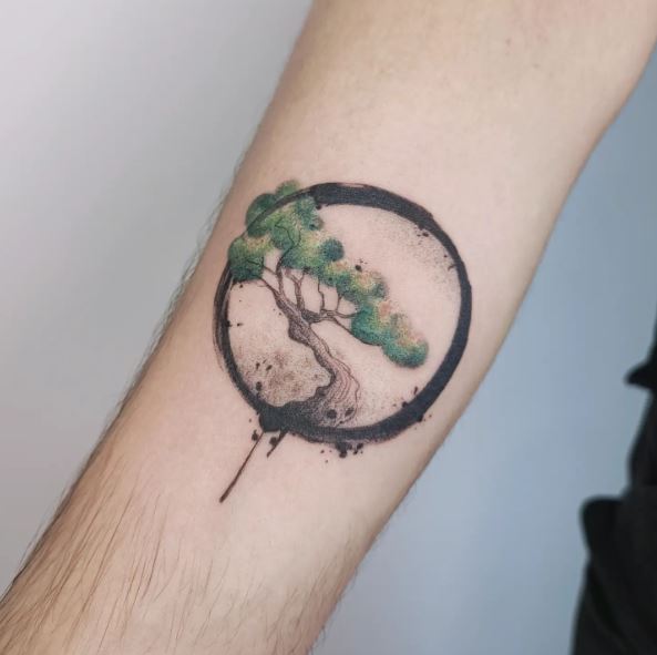 Colored Tree and Enso Forearm Tattoo