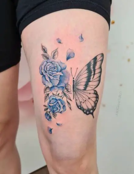 Blue Roses and Butterfly Leg Tattoo