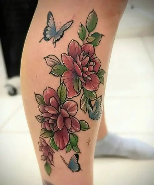 Butterflies Flying over Red Roses Tattoo