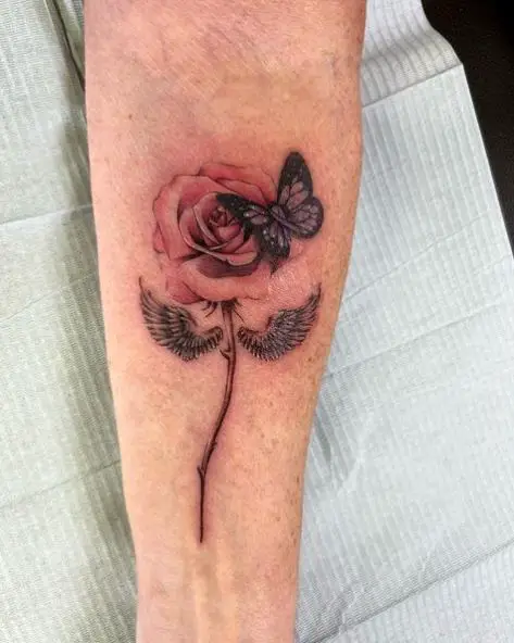 Dark Butterfly on Red Rose Flower Tattoo