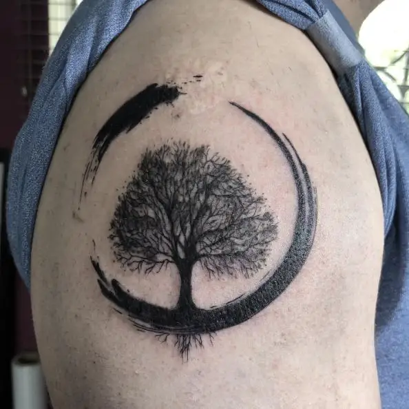 Black and Grey Tree and Enso Shoulder Tattoo