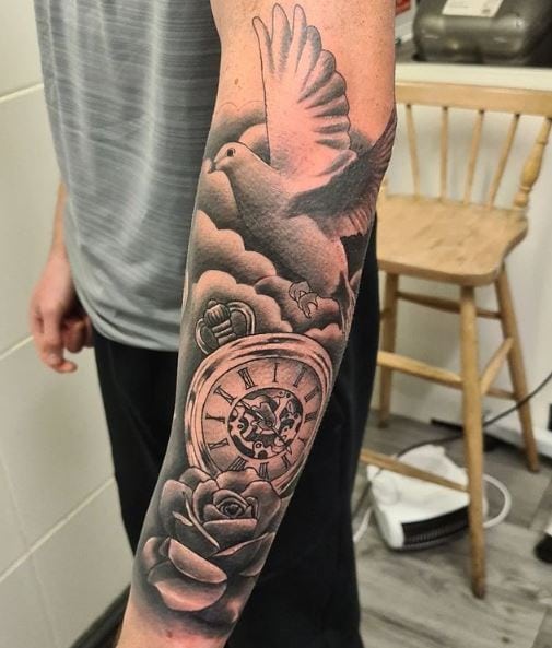 Black Rose Pigeon and Pocket Watch Tattoo