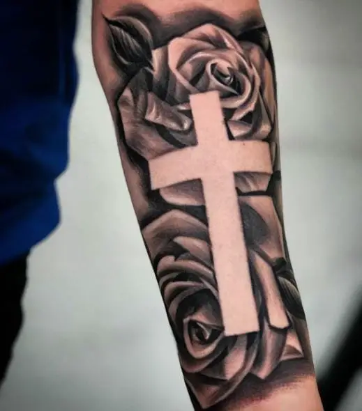 White Cross on Dark Roses Background Tattoo