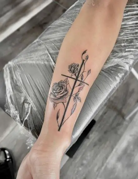 Shaded Roses and Cross Forearm Tattoo