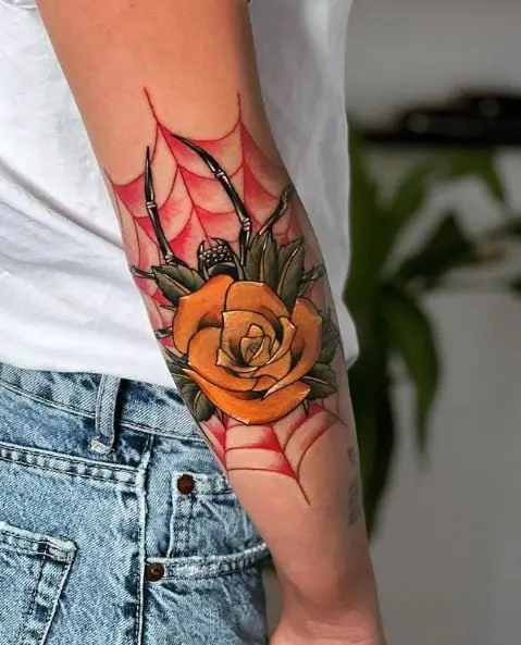 Yellow Rose with Spider Web Elbow Tattoo
