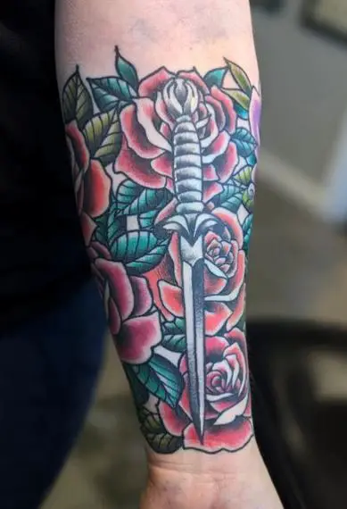 Roses and Military Dagger Tattoo
