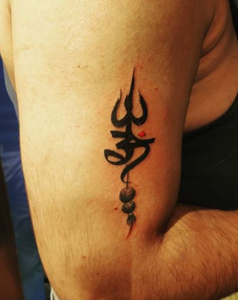 Om with Trishul Biceps Tattoo