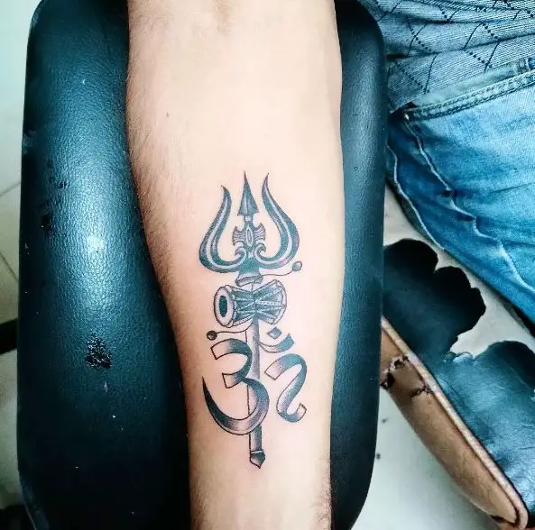 Om with Trishul and Damru Forearm Tattoo