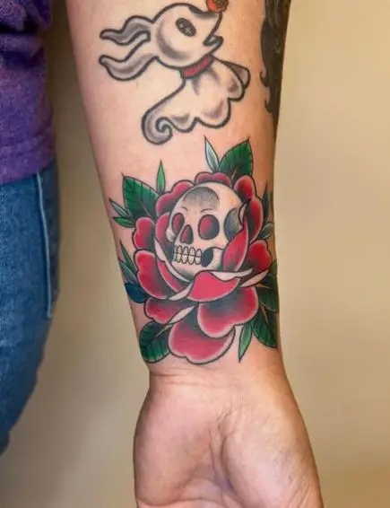 Red Rose with Skull and Ghost Tattoo