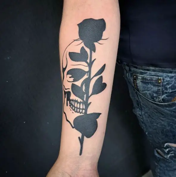 Big Black Rose and Half Skull Arm Tattoo