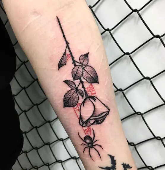 Black Rose and Spider Forearm Tattoo