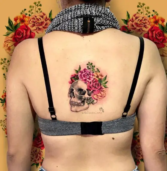 Skull with Pink Roses Back Tattoo