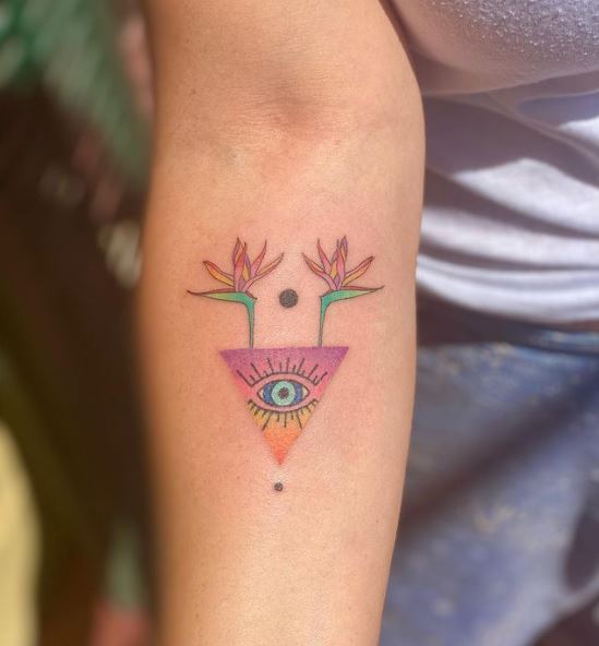 Evil Eye with Birds of Paradise Forearm Tattoo