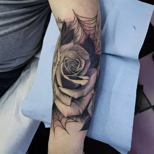 Dark Rose and Spider Web Forearm Tattoo