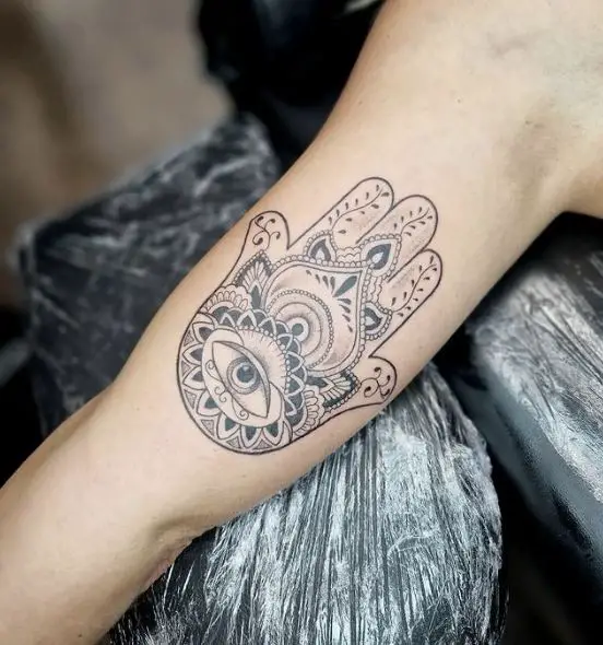 Grey Hamsa Hand Biceps Tattoo