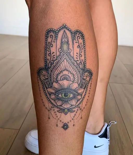 Ornamented Hamsa Hand Calf Muscle Tattoo