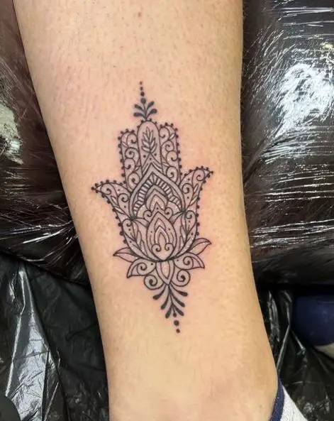 Black and Grey Hamsa Hand Leg Tattoo