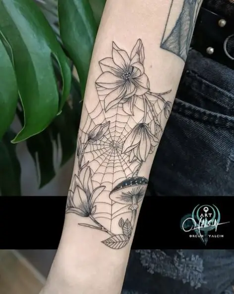 Flowers with Mushrooms and Spider Web Arm Tattoo
