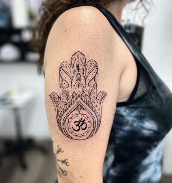 Black and Grey Hamsa Hand Arm Tattoo