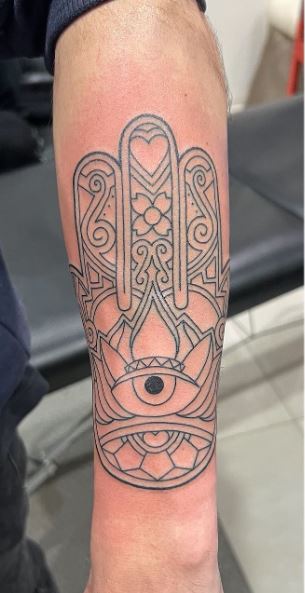 Grey Hamsa Hand Forearm Tattoo