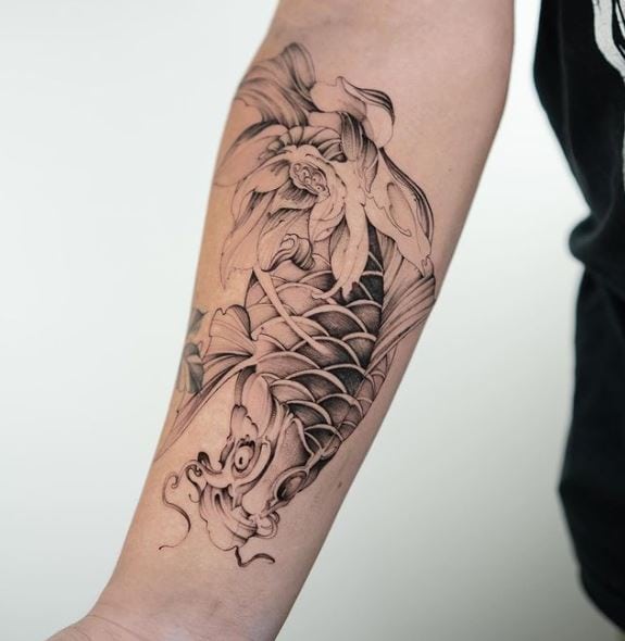 Grey Koi Fish Forearm Tattoo