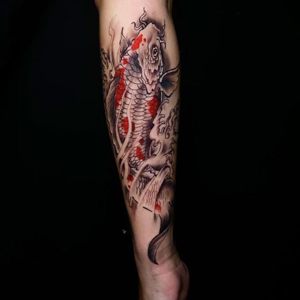 Black and Red Koi Fish Forearm Tattoo