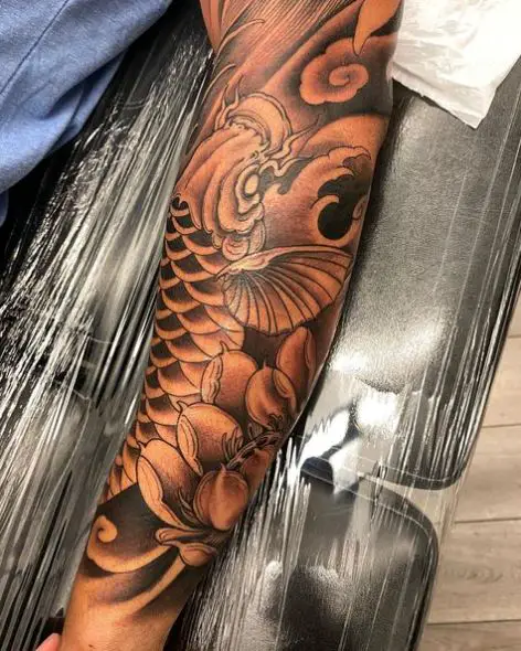 Black and Grey Koi Fish Forearm Sleeve Tattoo