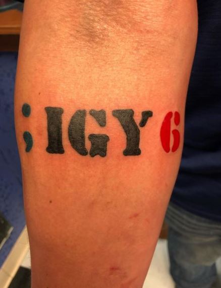 Black and Red Semi Colon IGY6 Forearm Tattoo