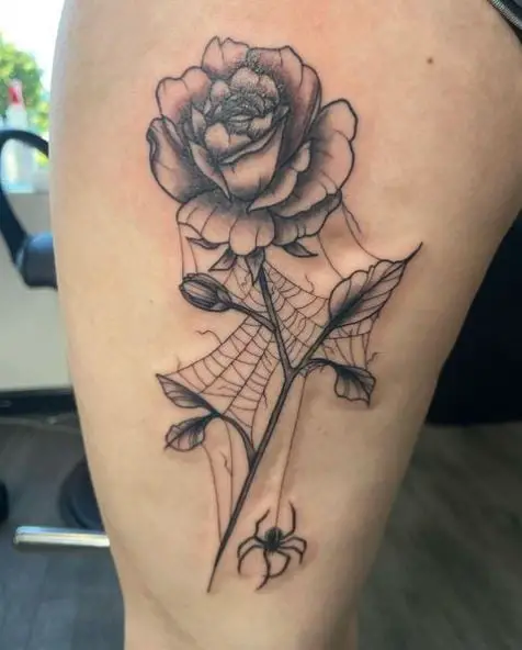 Black and Grey Rose with Spider Web Tattoo